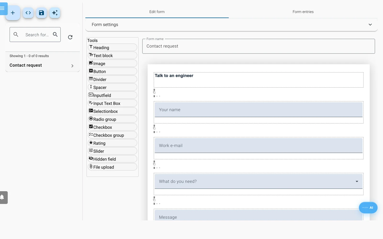 The form builder with the Tools palette (Heading, Text block, Image, Button, input fields and more) next to the form being built