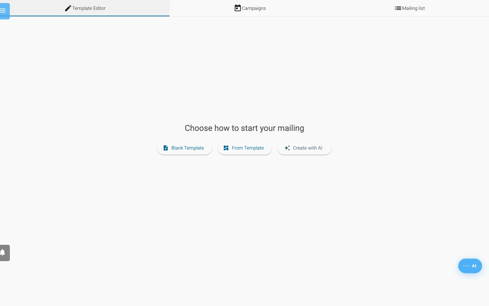 The Mailings start screen offering Blank Template, From Template and Create with AI, above the Template Editor, Campaigns and Mailing list tabs